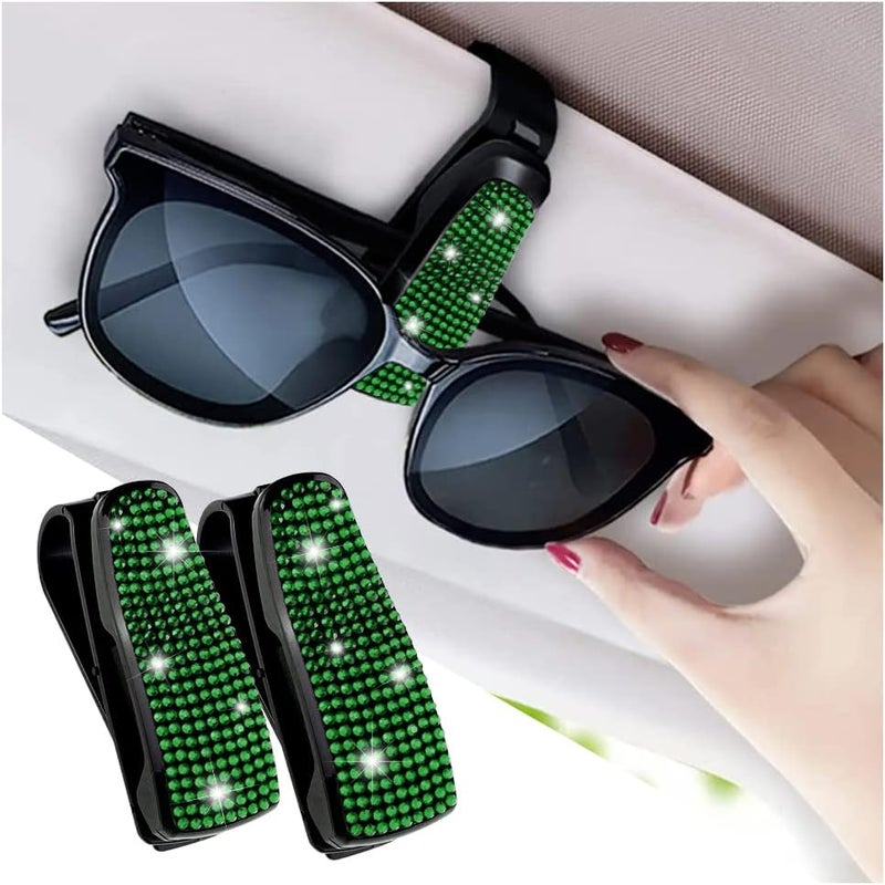 Turcee Set of 2 Bling Rhinestone Car Sun Visor Glasses Holders with Anti-Scratch Sponge,Car Decoration for Women Girls,Ticket Card Clip Visor Organizer (Green) - Image 1